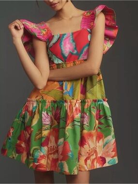 NWT Farm Rio Foliage Mix Cotton Mini Dress, Size L, Cotton, Sleeveless, Ruffled